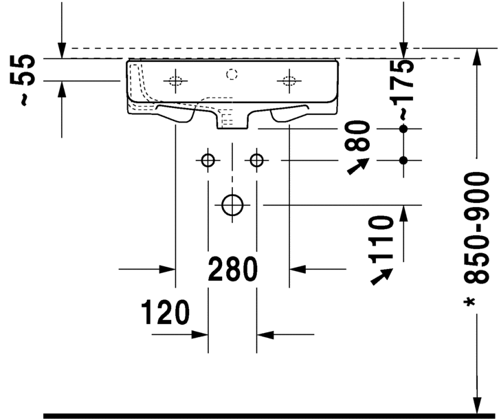 Раковина встраиваемая снизу Duravit DuraStyle 26315200301 с тремя отверстиями под смеситель, с переливом, с покрытием WonderGliss,  белая