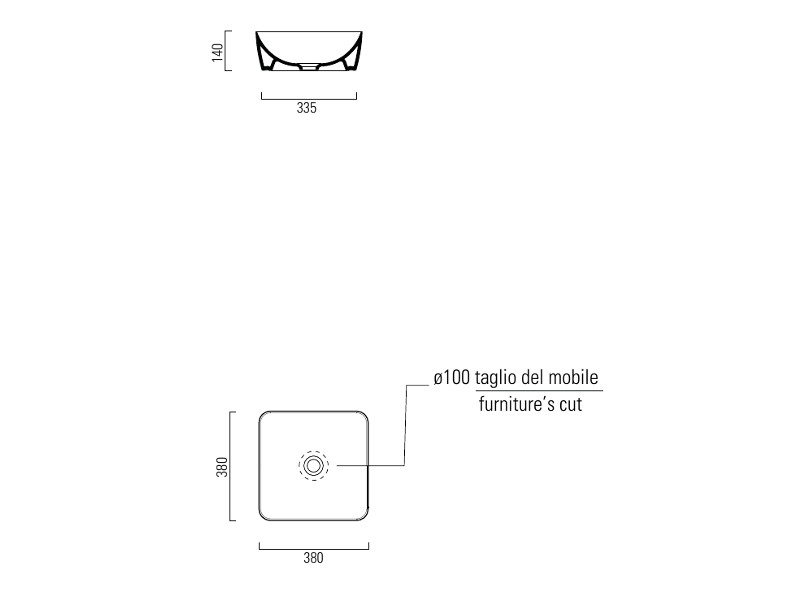 Раковина накладная квадратная GSI NUBES 903808 380 мм х 380 мм, без отверстия под смеситель, цвет Creta Matte