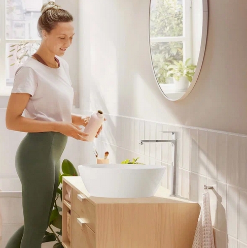 Однорычажный смеситель для накладной раковины HANSGROHE REBRIS S 72590000 240 мм, с CoolStart, с донным клапаном, хром