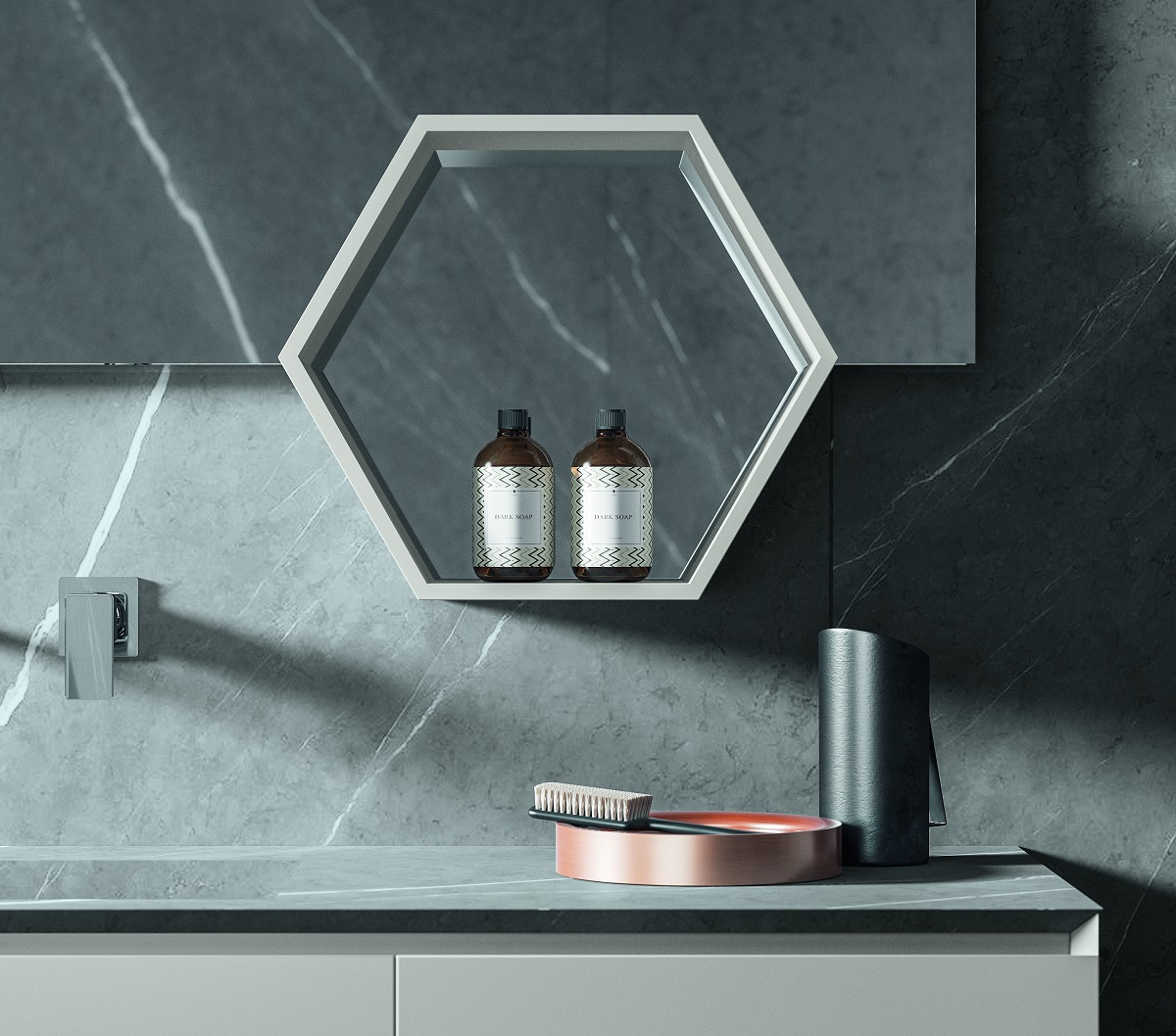 Комплект мебели BMT IKON  IK-10  1440х1950х502 мм c тумбой, раковиной, полками и зеркалом, цвет Grigio Efeso Opaco