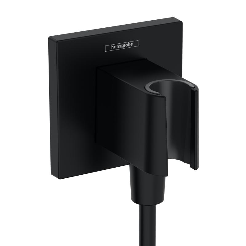 Шланговое подсоединение квадратной формы HANSGROHE FixFit E 26889670 со встроенным держателем ручного душа, цвет Чёрный матовый