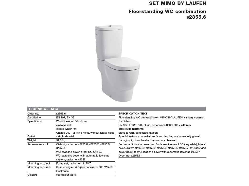 РАСПРОДАЖА Унитаз напольный  Laufen  Mimo  8.2355.6.000.000.1  белый,  горизонтальный выпуск, для бачка  8.2755.2/3