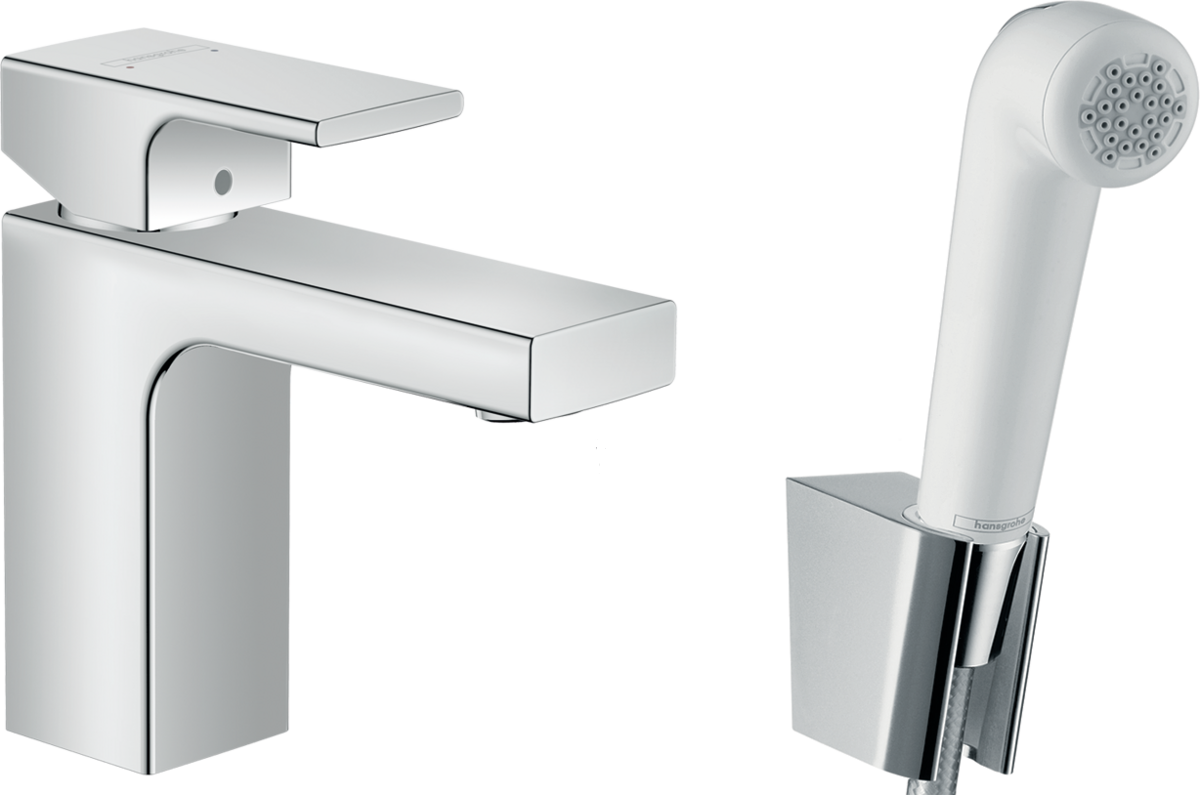 Смеситель для раковины однорычажный HANSGROHE Vernis Shape 71216000 100, с гигеническим душем и шлангом, хром