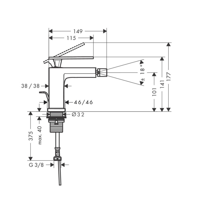 Однорычажный смеситель для биде Hansgrohe Tecturis E 73200670 со сливным гарнитуром, цвет Чёрный матовый