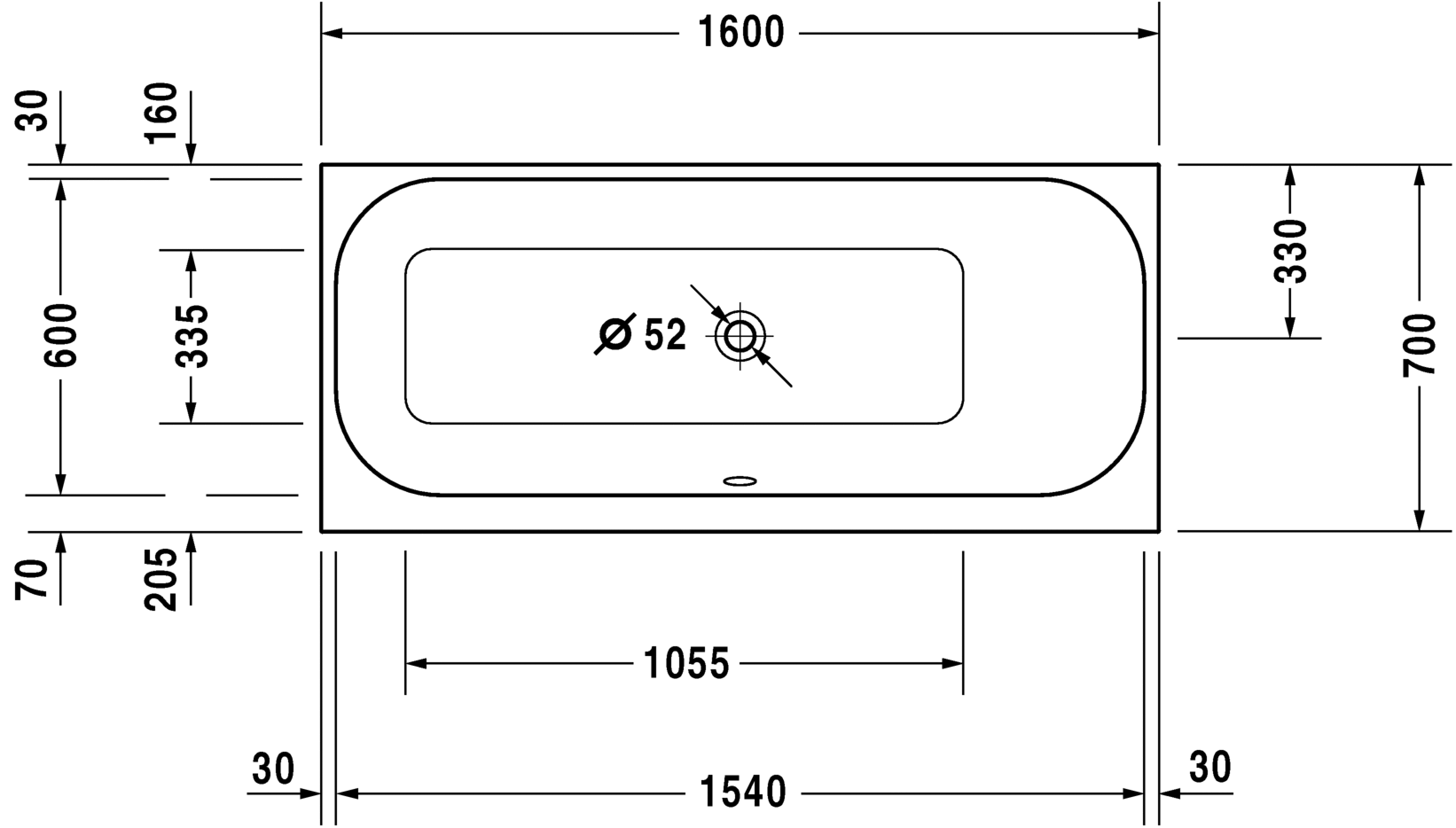 Акриловая ванна Duravit DuraStyle 700309000000000 1600 х 700 c наклоном для спины справа, встраиваемая, белая