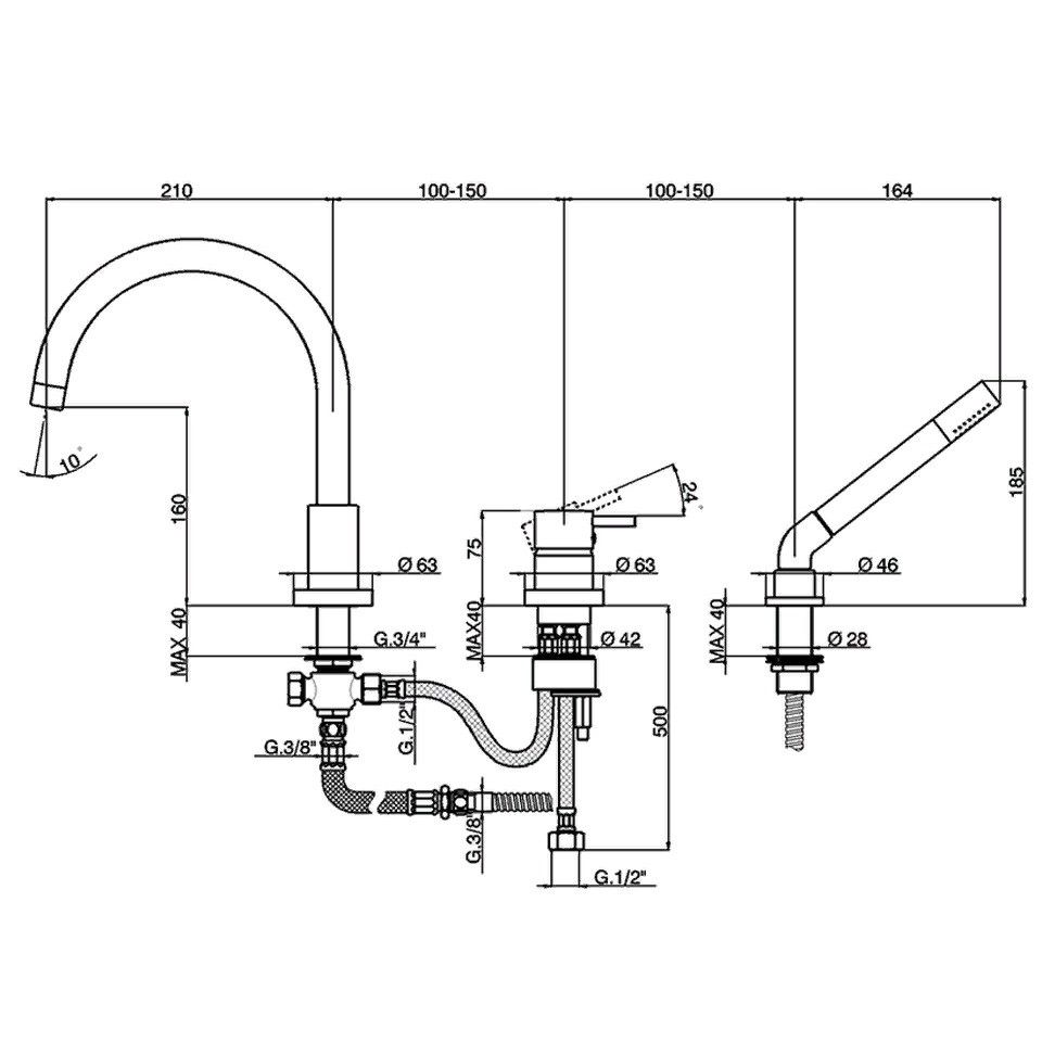 Смеситель на борт ванны на 3 отверстия CISAL Less New LN00126021 с ручным душем и шлангом, цвет Хром