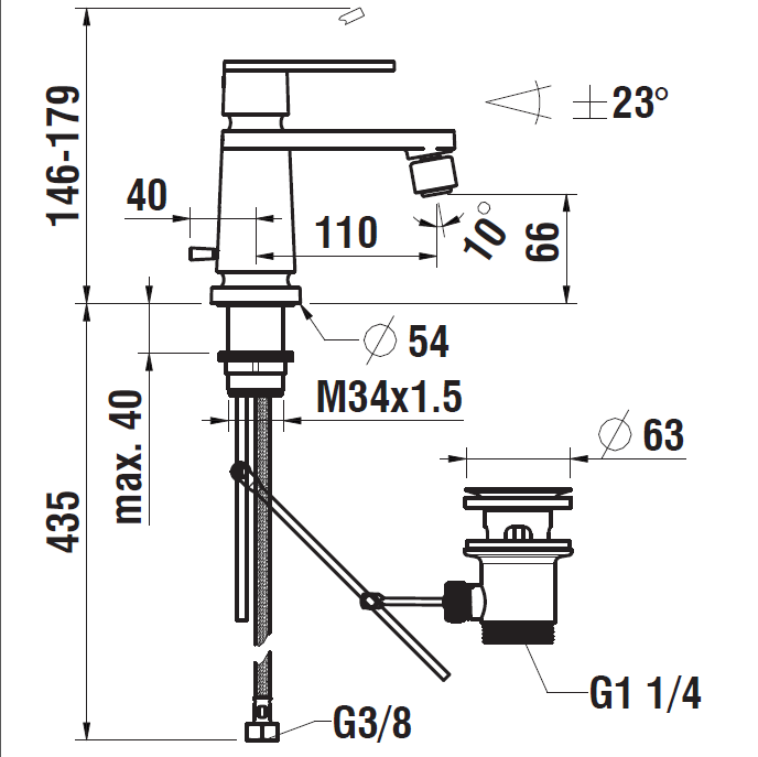 Смеситель для биде  LAUFEN   New Classic  3.4185.1.004.111.1, фиксированный излив 110 мм, шарнирный  аэратор, донный клапан, хром 