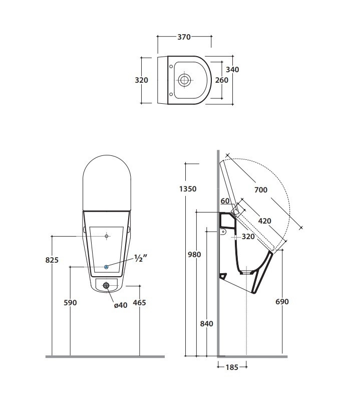 Писсуар подвесной GLOBO FORTY3 FO030BI 370 мм х 320 мм, со скрытым подводом воды, с сифоном, с креплением, белый