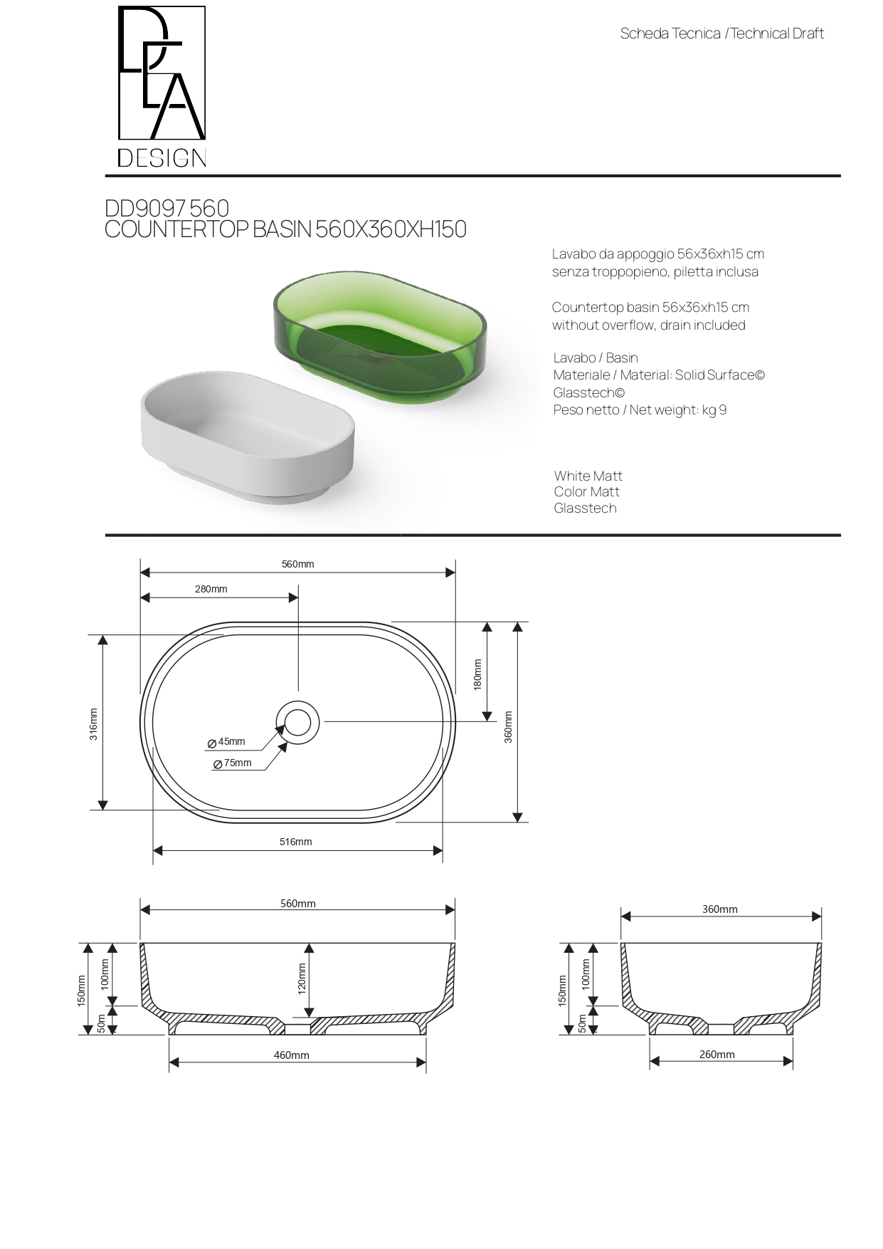 Раковина накладная  DEA DESIGN (Countertop basin) DD9097 560 18      560х360хh150 мм, из композита Solid surface, цвет белый матовый 18