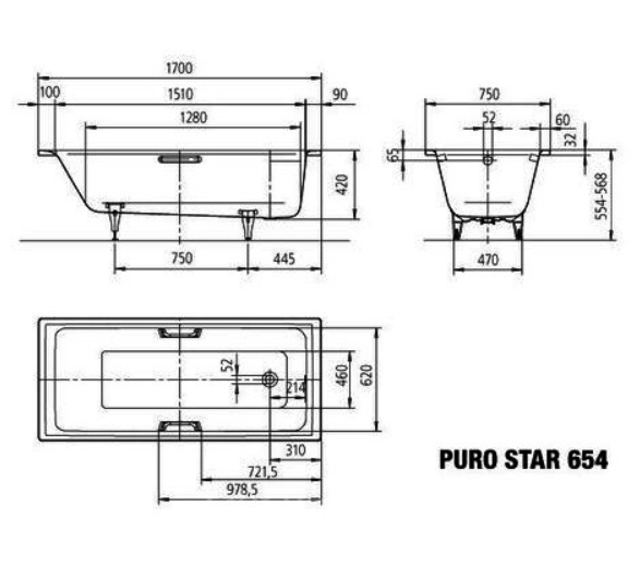 Ванна стальная встраиваемая KALDEWEI Puro Star Mod 654 2554.0001.3001 750 мм х 1700 мм х 420 мм, белая глянцевая