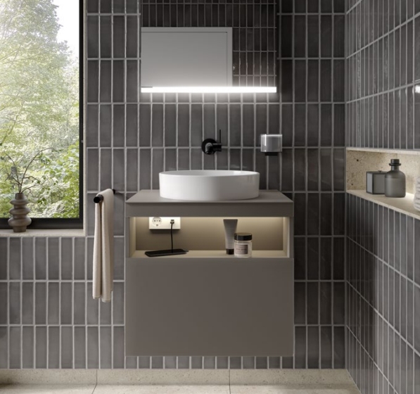 Тумба под раковину с освещением KEUCO STAGELINE 32852 970100 490 мм х 650 мм х 625 мм, с 1 выдвижным ящиком, с сифоном, вулканит/вулканит