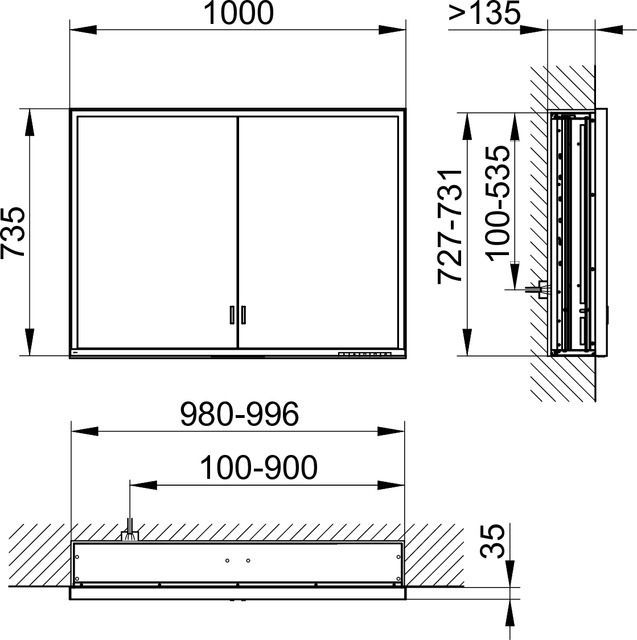 Зеркальный шкаф с подсветкой для встраиваемого монтажа KEUCO Royal Lumos 14314 172301 165х1000х735 мм, 2 дверцы, цвет Алюминий серебристый анодированный