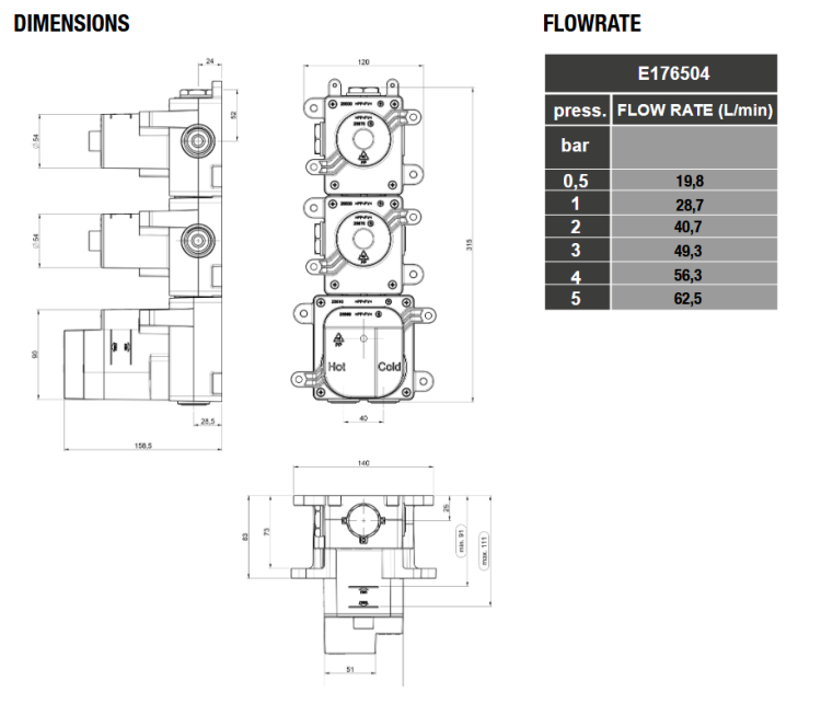 Встраиваемая внутренняя часть термостата ALMAR HIGH FLOW E176504 на 4 потребителя c 2 запорными вентилями, цвет Чёрный