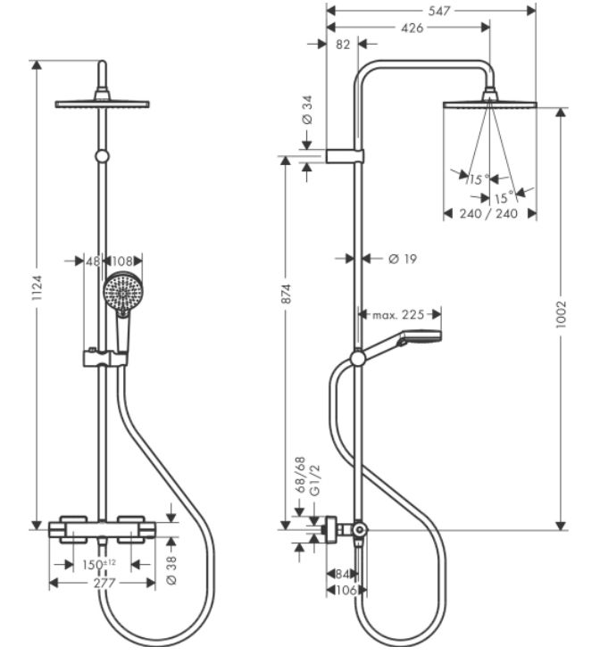 Душевая система HANSGROHE Vernis Shape 26427670 240 1jet, с термостатом, с квадратным верхним душем, цвет Чёрный матовый