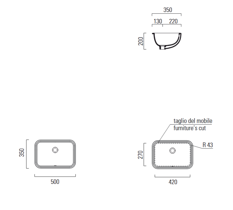 Раковина встраиваемая снизу GSI PURA 7247F11 500 мм х 350 мм, без отверстия для смесителя, с переливом, с креплением, цвет Белый глянцевый