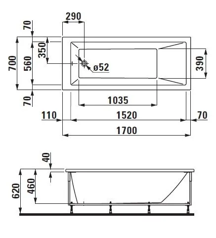 Угловая ванна прямоугольная Laufen Pro 2.3095.5.000.000.1 1700 х700 мм,  акрил, с каркасом, правая, с левой L-панелью, белая