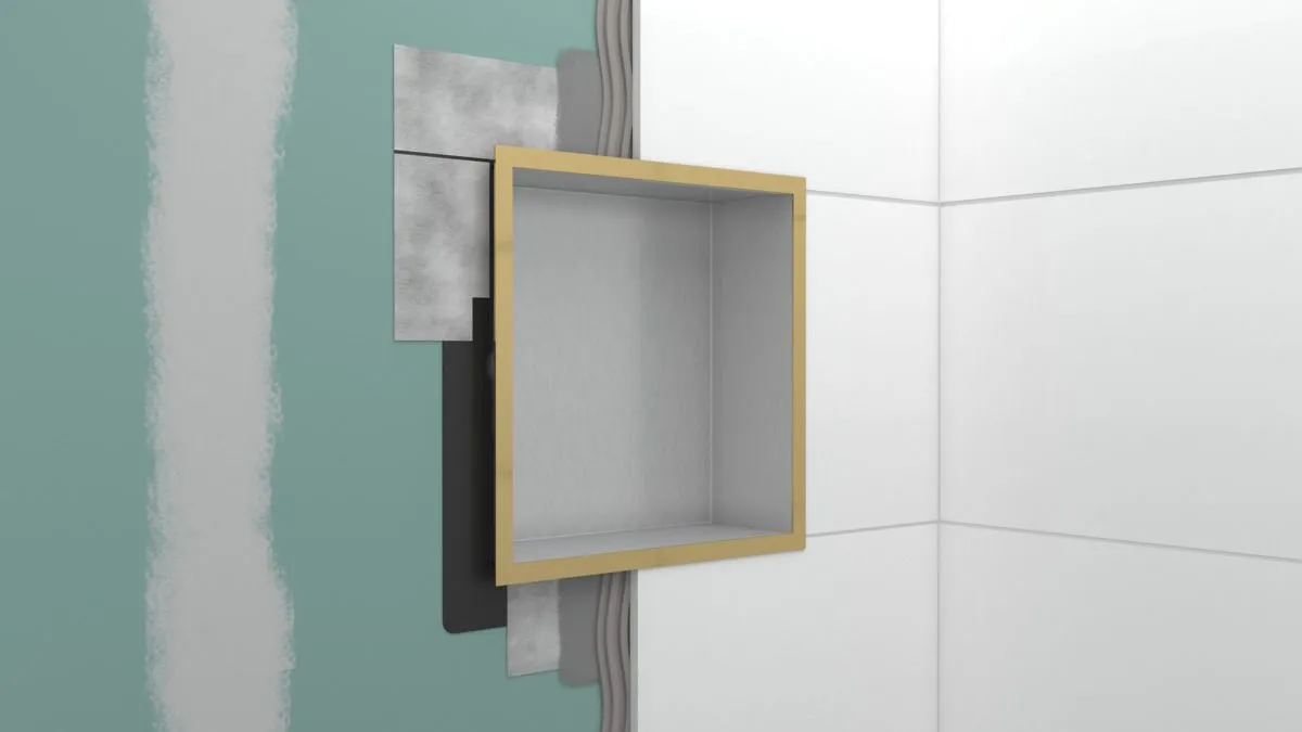Настенный короб HANSGROHE XtraStoris Individual 56099990 с дизайнерской рамой, 300 мм х 300 мм х 100 мм, матовый белый/полированное золото