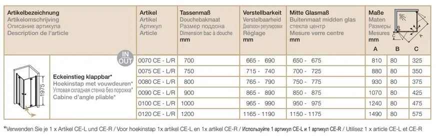 РАСПРОДАЖА Складная дверь для душевой кабины левая PROVEX Combi free 0007 CE 05 GL L 1200 мм х 1975 мм, блестящий алюминий/прозрачное стекло