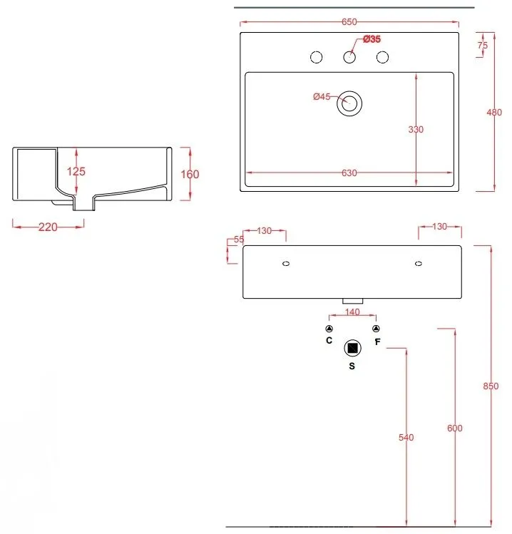 Раковина накладная/подвесная ARTCERAM QUADRO QUL003 01 00 650 мм х 480 мм, c отверстием под смеситель, с переливом, белый глянцевый