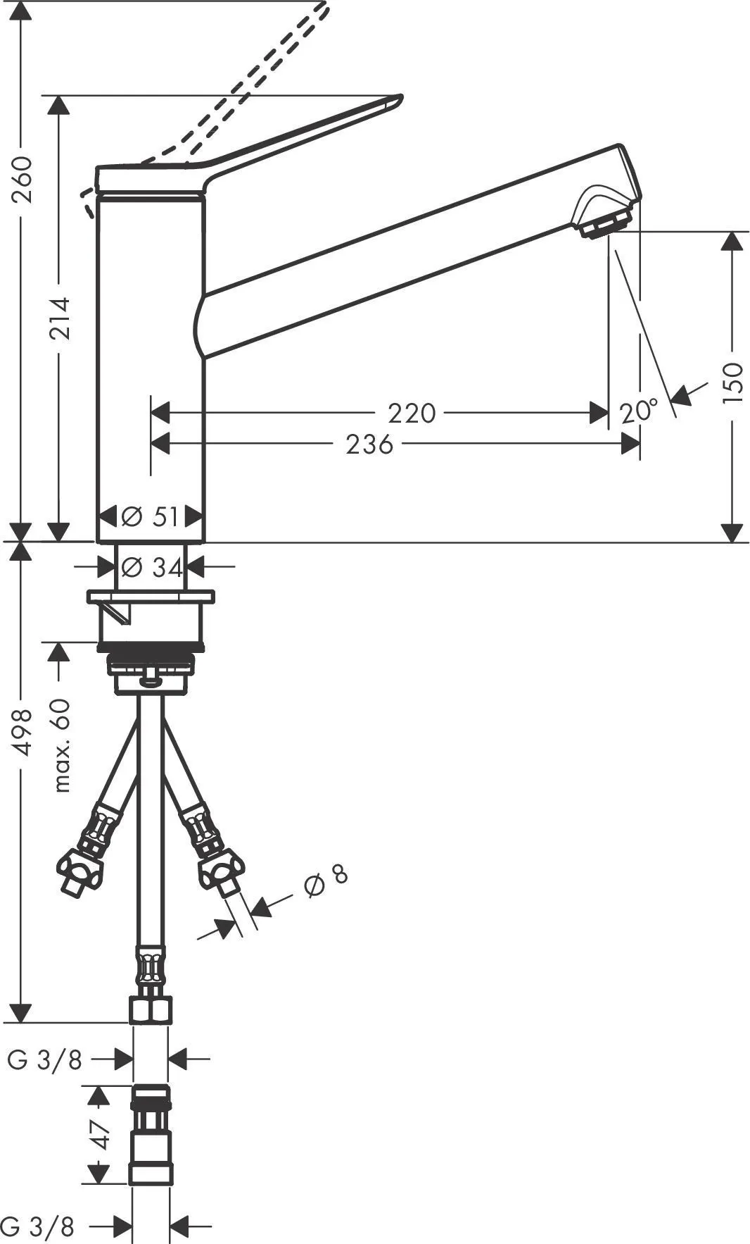 Смеситель однорычажный для кухни HANSGROHE ZESIS M33 1 JET 74806000 150 мм, LowPressure, хром
