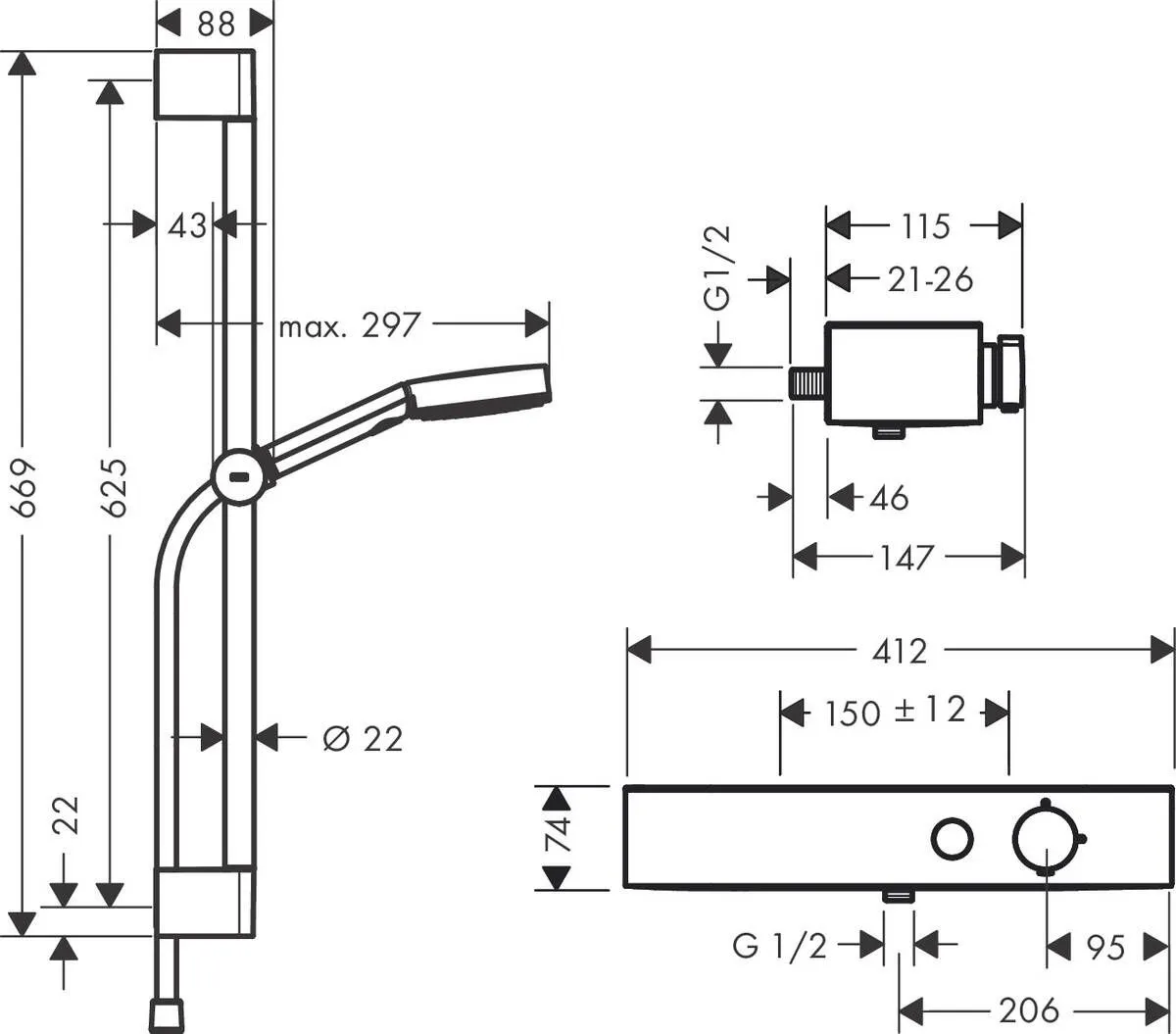 Душевая система с термостатом Hansgrohe Pulsify Select S 24260000 105 3 jet Relaxation, cо штангой 650 мм, хром