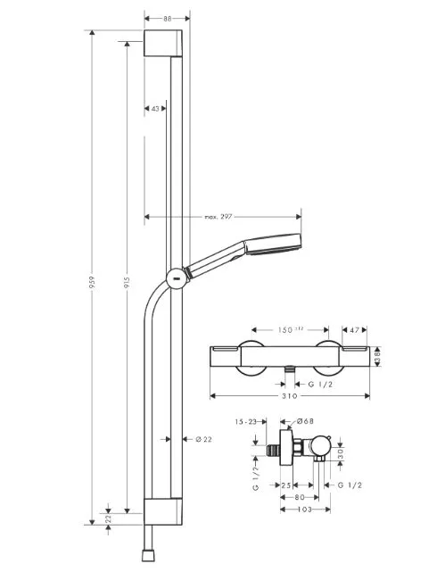 Душевой набор c термсостатом Ecostat Element HANSGROHE Pulsify Select 24271670 105 3jet, c EcoSmart и душевой штангой 950 мм, цвет Чёрный матовый
