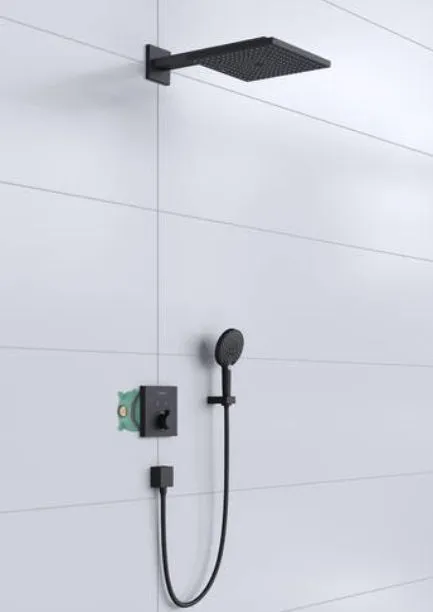 Душевая система скрытого монтажа с термостатом ShowerSelect HANSGROHE Raindance E 27939670 с ручным душем и шлангом, цвет Чёрный матовый