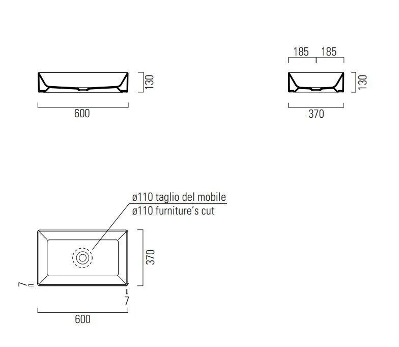 Раковина накладная прямоугольная GSI KUBE X 945309 600 мм х 370 мм, без отверстия под смеситель, без перелива, цвет белый матовый