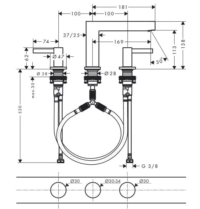 Смеситель для раковины на 3 отверстия Hansgrohe Finoris 76033670 110 мм, с клапаном push-open, цвет Чёрный матовый