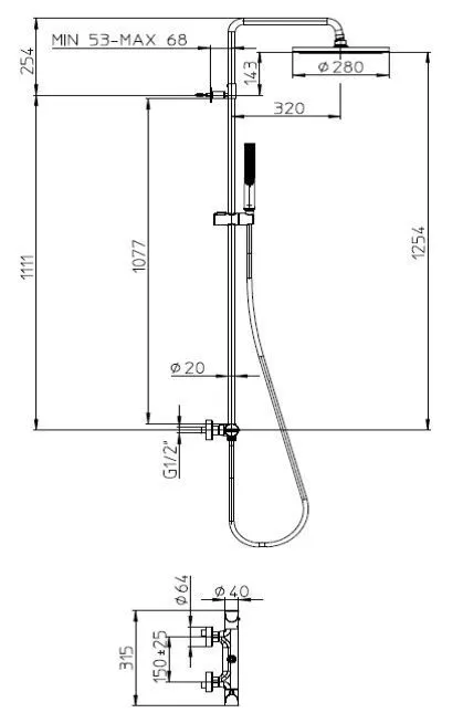 Душевая колонна BOSSINI Apice L10507.094 с термостатом, верхним душем, ручным душем-палочкой, держателем и шлангом, никель шлифованный