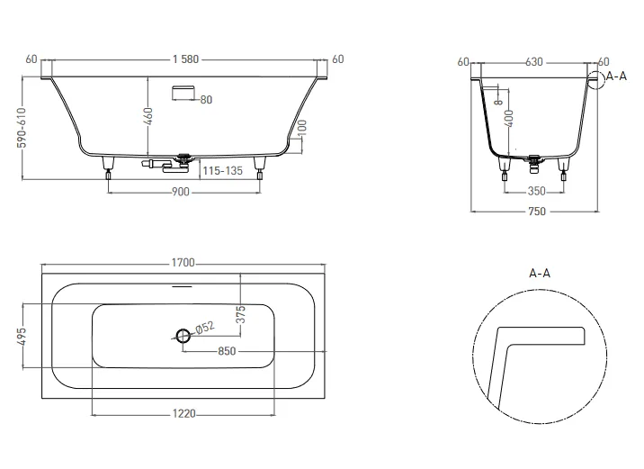 Встраиваемая прямоугольная ванна SALINI ORLANDA AXIS KIT 103323M 750х1700х600 мм, с регулируемыми ножками, из S-Stone, слив-перелив, сифон, донный клапан, цвет Белый матовый