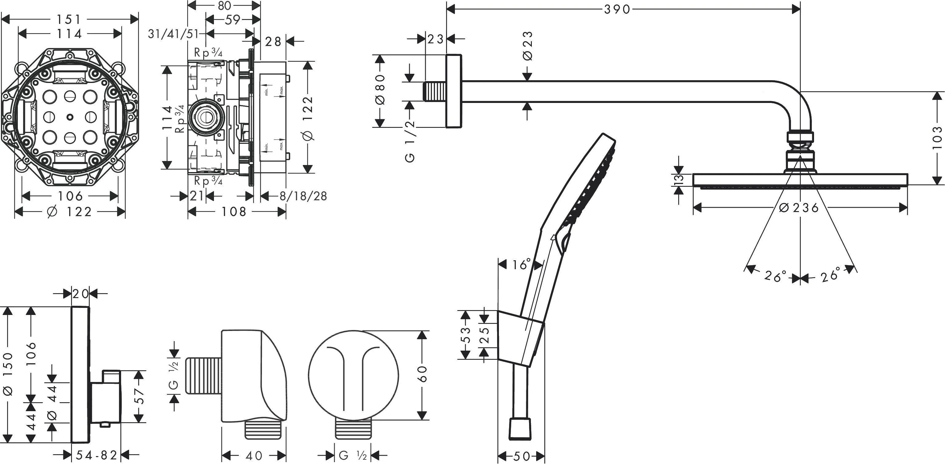 Душевая система cкрытого монтажа c термостатом HANSGROHE 240 1jet Raindance S 27959670 с верхним и ручным душем и шлангом, PowderRain с ShowerSelect S, цвет Чёрный матовый