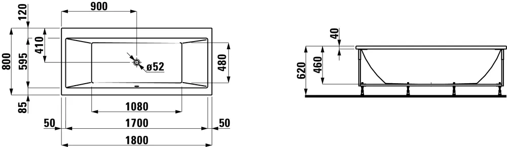 Угловая ванна прямоугольная Laufen Pro 2.3295.5.000.000.1 1800 х 800 мм,  акрил, с каркасом, правая, с левой L-панелью, белая
