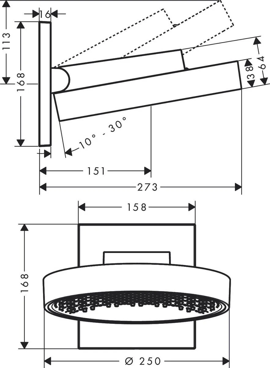 Верхний душ Hansgrohe Rainfinity 250 1jet 26226000 с настенным кронштейном, хром