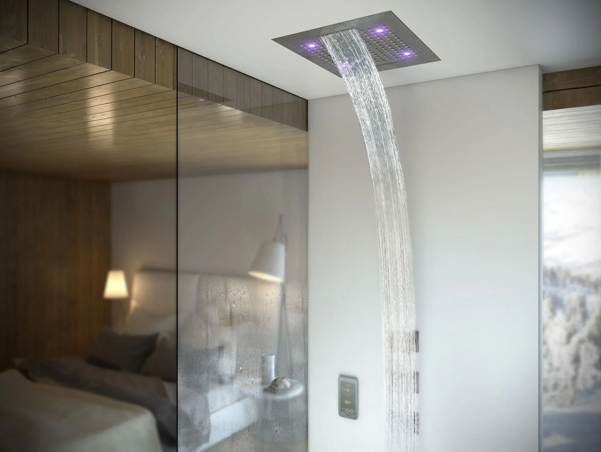 Верхний душ с подсветкой для подвесного потолка BOSSINI DREAM/4 RGB LIGHTS H38908.030 570 мм х 470 мм, с 4 режимами струи, Хром