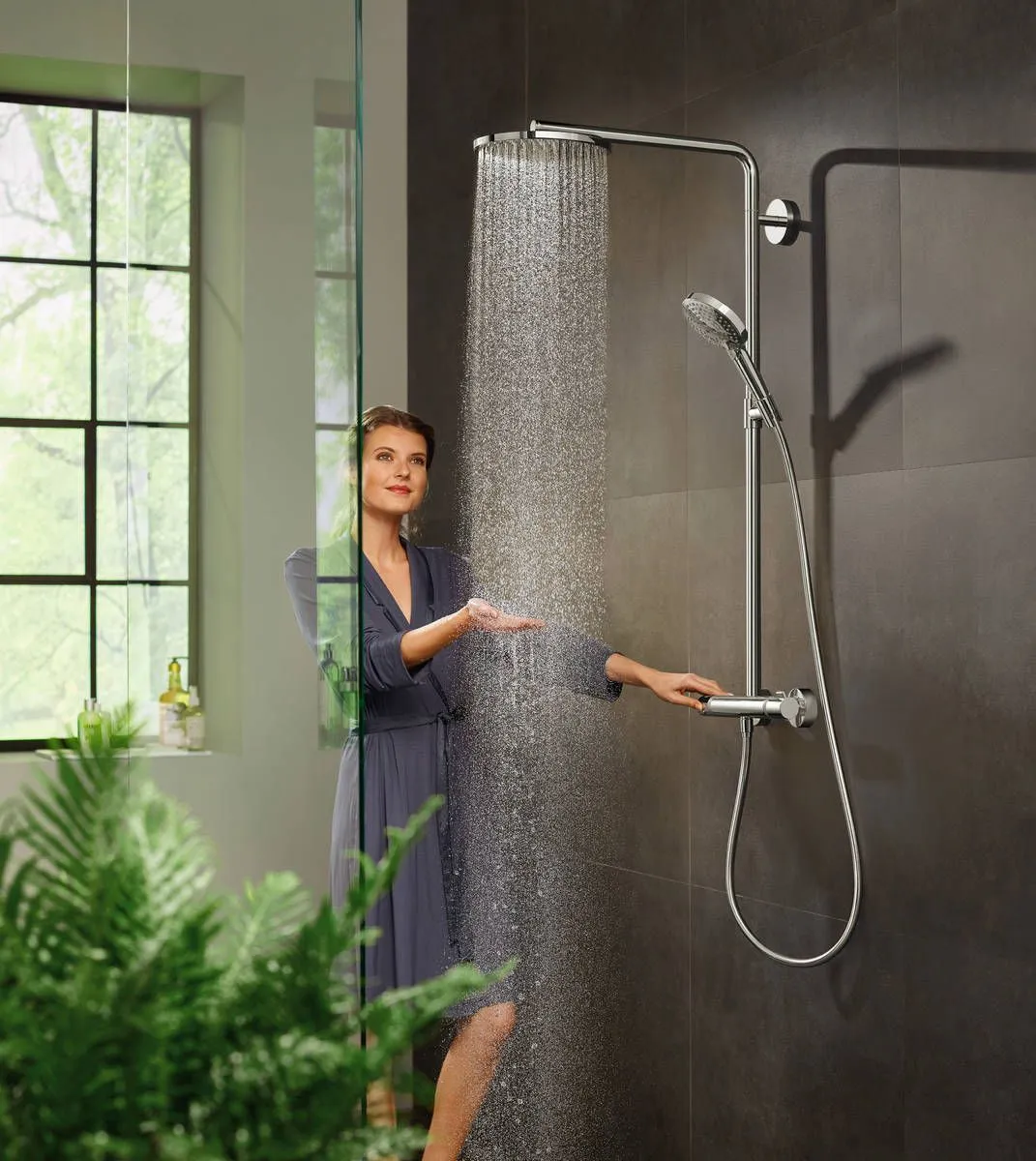 Душевой комплект HANSGROHE Raindance Select S240 1jet 27633340 Showerpipe с термостатом, цвет Шлифованный чёрный хром