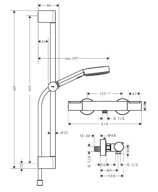 Душевой набор c термсостатом Ecostat Element HANSGROHE Pulsify Select 24272000 105 3jet, c EcoSmart и душевой штангой 650 мм, цвет Хром