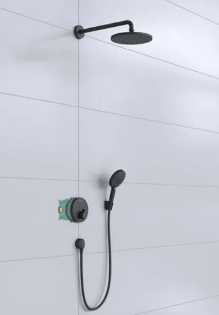 Душевая система cкрытого монтажа c термостатом HANSGROHE 240 1jet Raindance S 27959670 с верхним и ручным душем и шлангом, PowderRain с ShowerSelect S, цвет Чёрный матовый