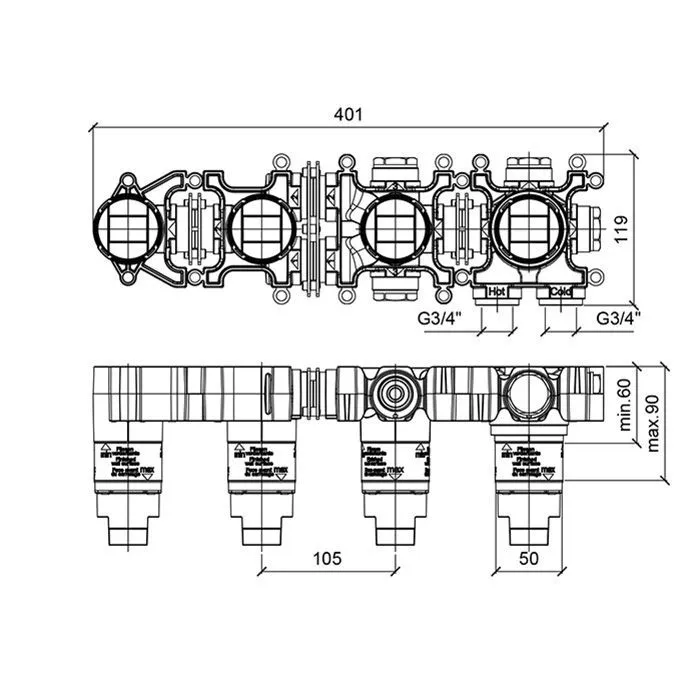 Горизонтальная встраиваемая часть смесителя для душа ALMAR Modular E169004 на 2 потребителя и 2 модуля, для арт. E180193, E180143, цвет Чёрный