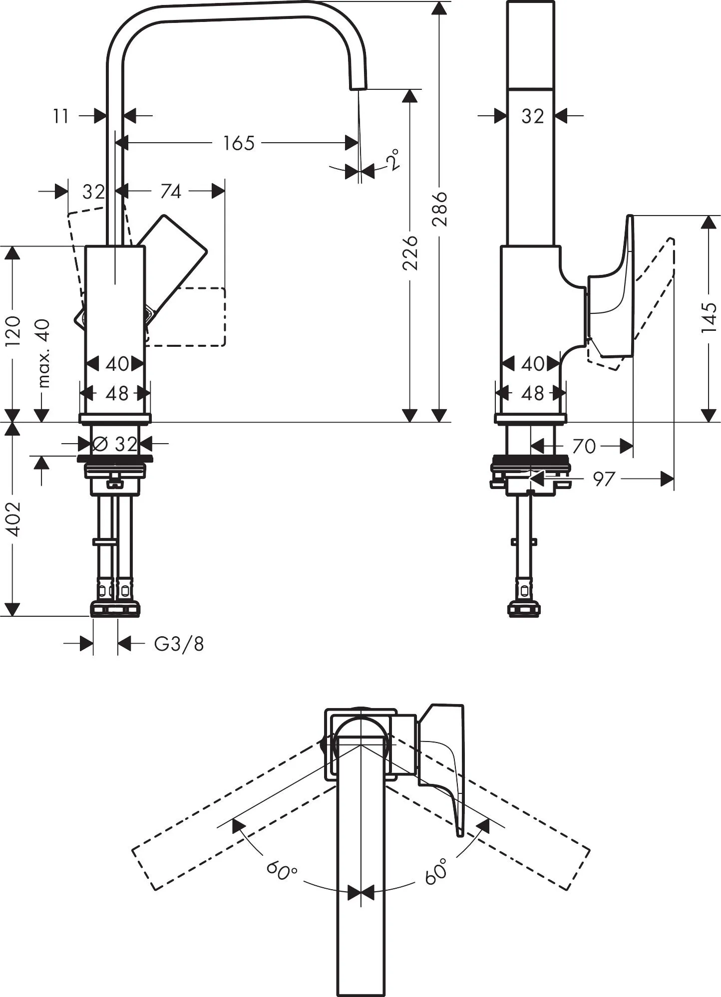 Однорычажный смеситель для раковины с поворотным изливом HANSGROHE Metropol 32511340 230 мм, с рычаговой рукояткой, с донным клапаном, цвет Шлифованный чёрный хром