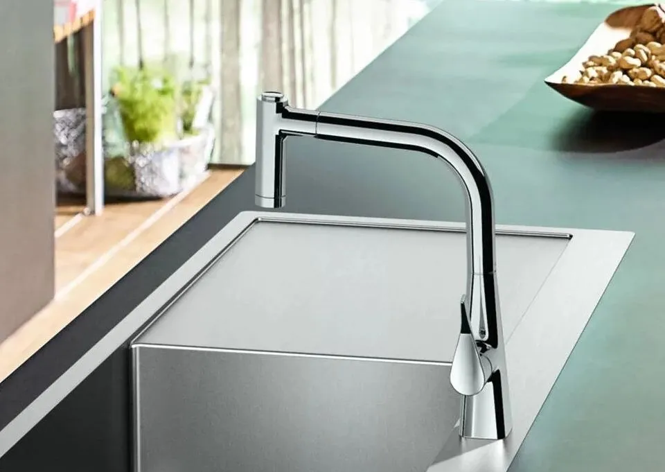 Однорычажный смеситель для кухни c вытяжным изливом 1jet HANSGROHE Metris Select M71 14857800 240 мм, цвет Под сталь