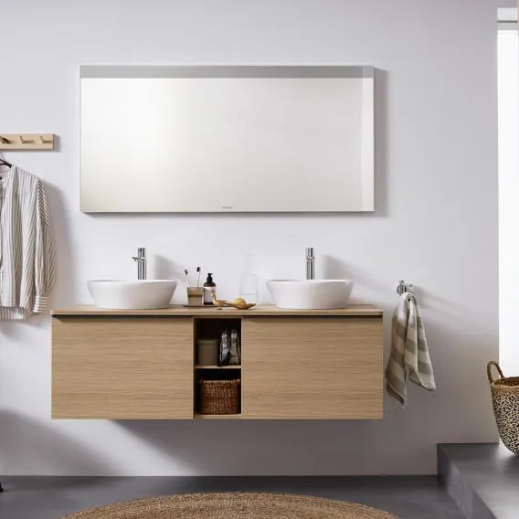 Тумба подвесная под две раковины DURAVIT D-Neo DE4950B4949 1400 мм х 550 мм, с 2 выдвижными ящиками и открытой полкой, графит матовый