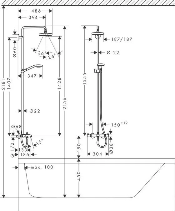 Душевая система Hansgrohe Croma Select S 180 2 jet 27352400 с термостатом белый/хром