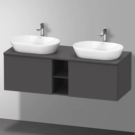 Тумба подвесная под две раковины DURAVIT D-Neo DE4950B4949 1400 мм х 550 мм, с 2 выдвижными ящиками и открытой полкой, графит матовый