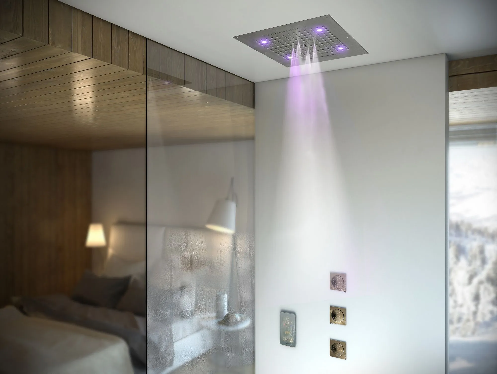 Верхний душ с подсветкой для подвесного потолка BOSSINI DREAM/4 RGB LIGHTS H38908.030 570 мм х 470 мм, с 4 режимами струи, Хром