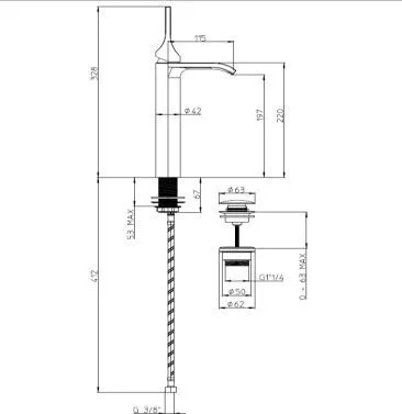 Однорычажный смеситель для раковины BOSSINI Apice E89602.094 328 мм, с донным клапаном, никель шлифованный