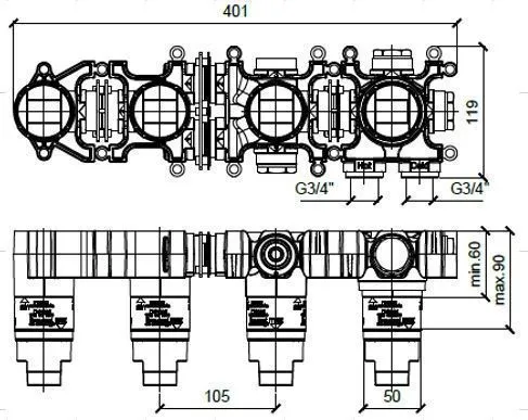 Горизонтальная встраиваемая часть смесителя для душа ALMAR Modular E169005 на 3 потребителя и 2 модуля, для арт. E180193, E180143, цвет Чёрный