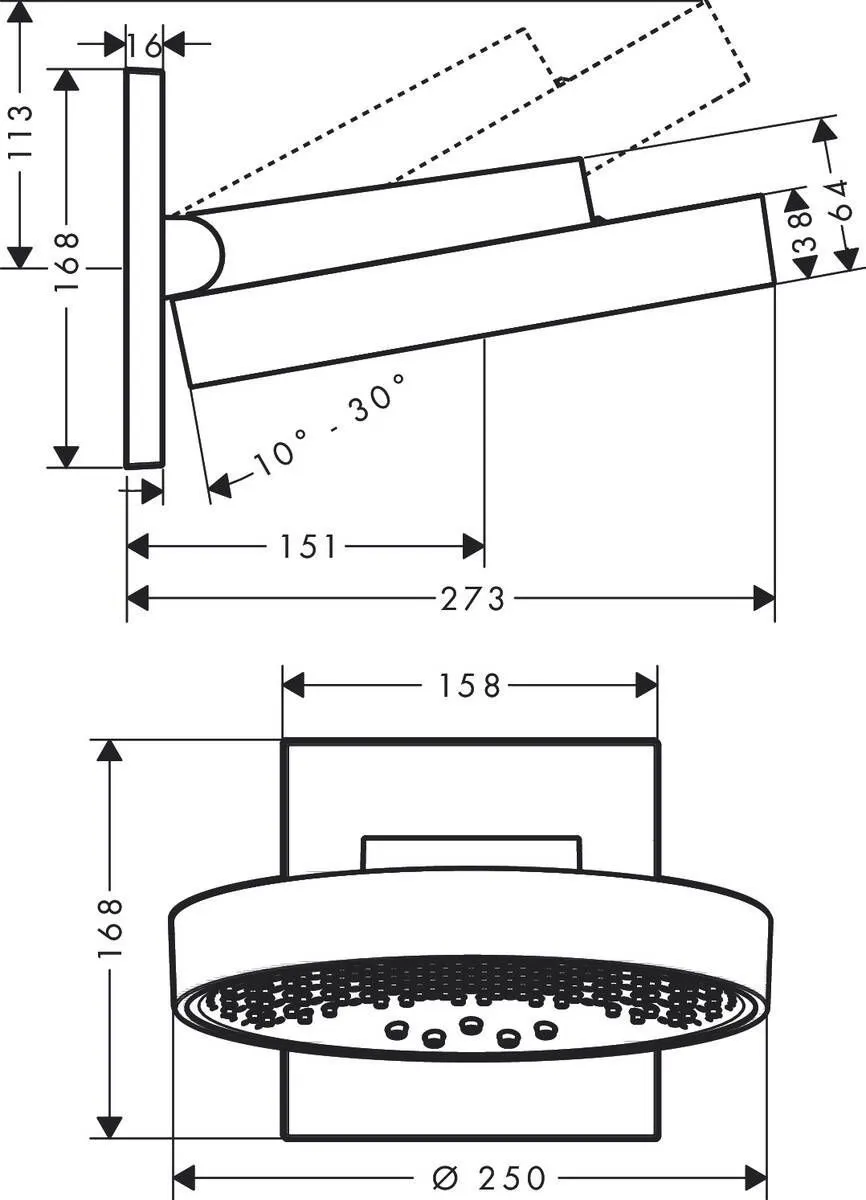 Верхний душ Hansgrohe Rainfinity 250 3jet 26232000 с настенным кронштейном, хром