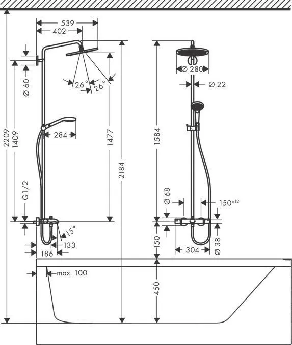 Душевая система Hansgrohe Croma Select 280 Air 1jet Showerpipe 26792000 хром