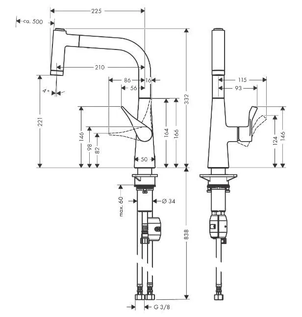 Однорычажный смеситель для кухни с вытяжным душем 2jet HANSGROHE Metris M71 14834800 220 мм, цвет Под сталь